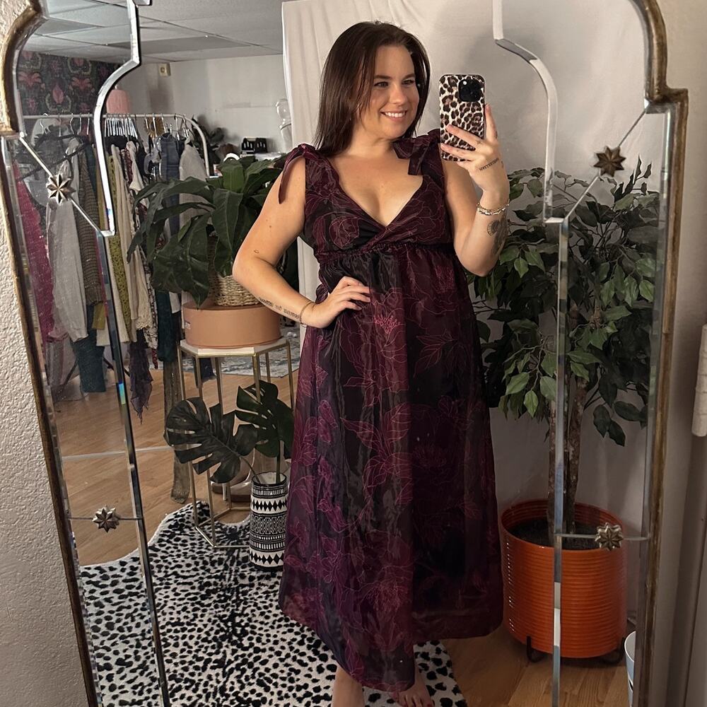 DR2 by Daniel Rainn Organza Floral Print Tie Shoulder Maxi Dress Maroon Size XS